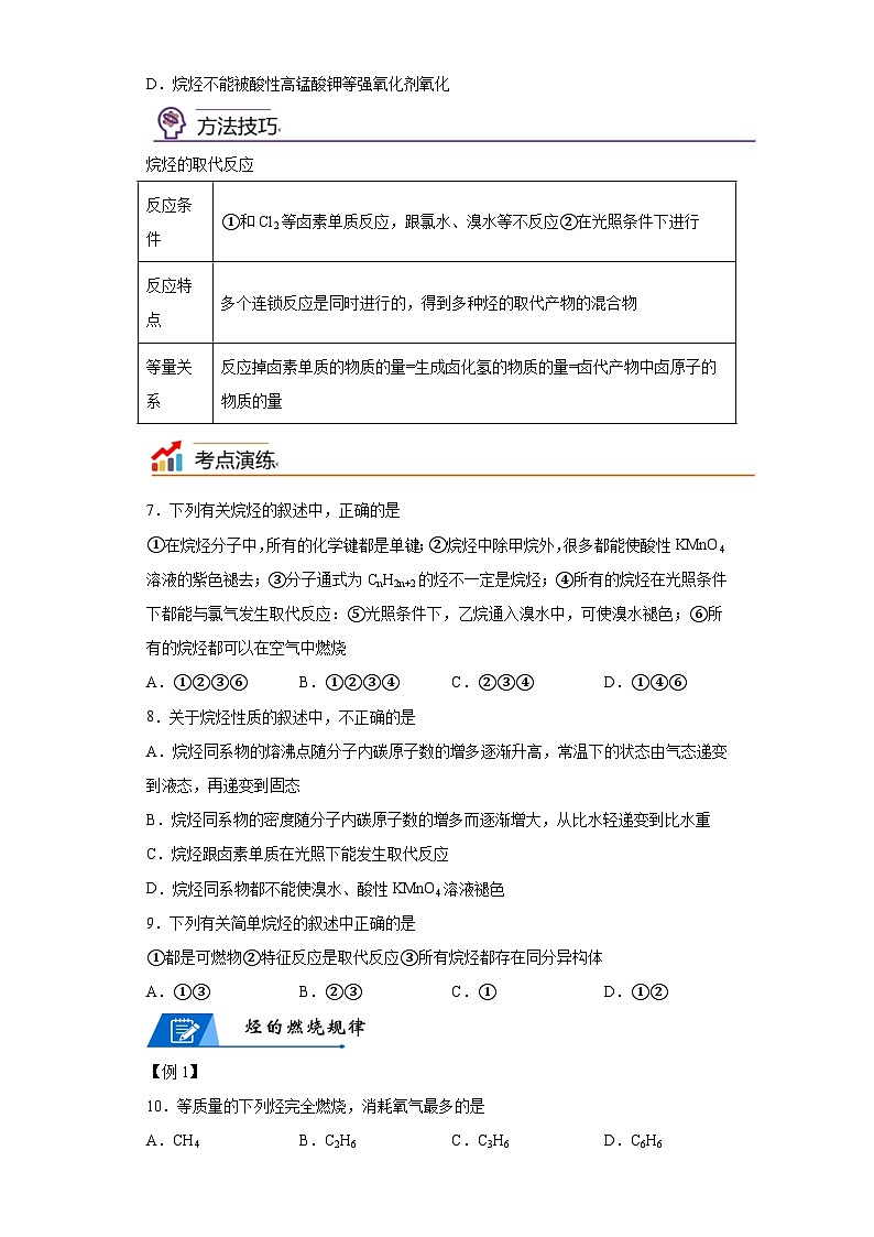 【思维导图】人教版高中化学必修二《7.1.2烷烃的性质》同步学习思维导图+学练03