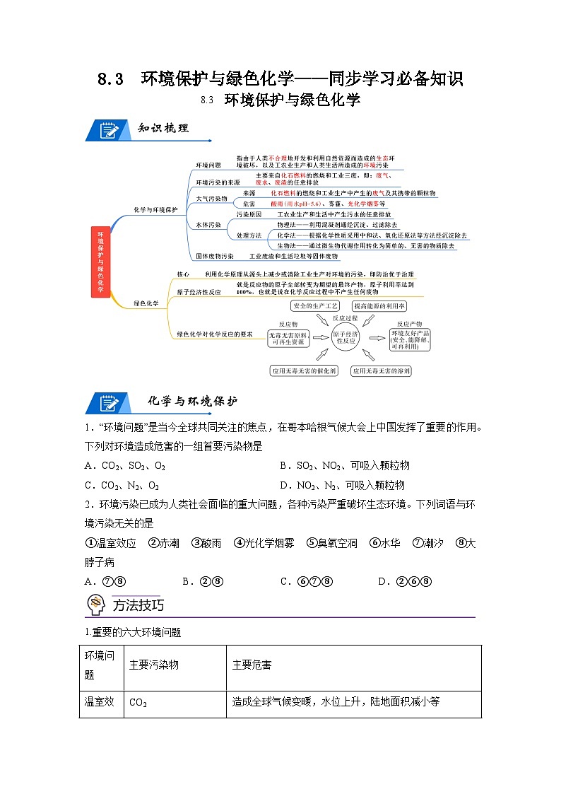 【思维导图】人教版高中化学必修二《8.3环境保护与绿色化学》同步学习思维导图+学练（学生版） 第1页