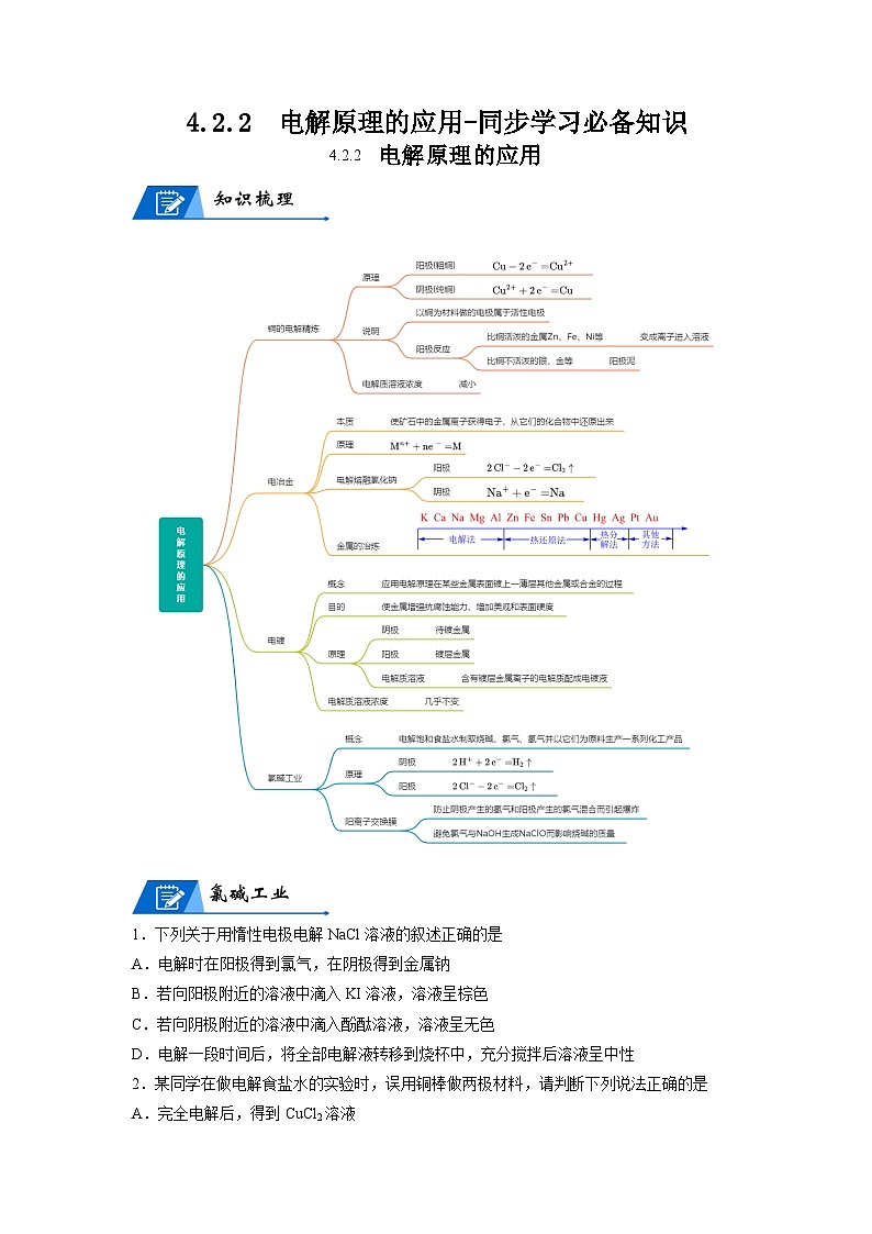 【思维导图】人教版高中化学选修一《4.2.2电解原理的应用》同步学习思维导图+学练01