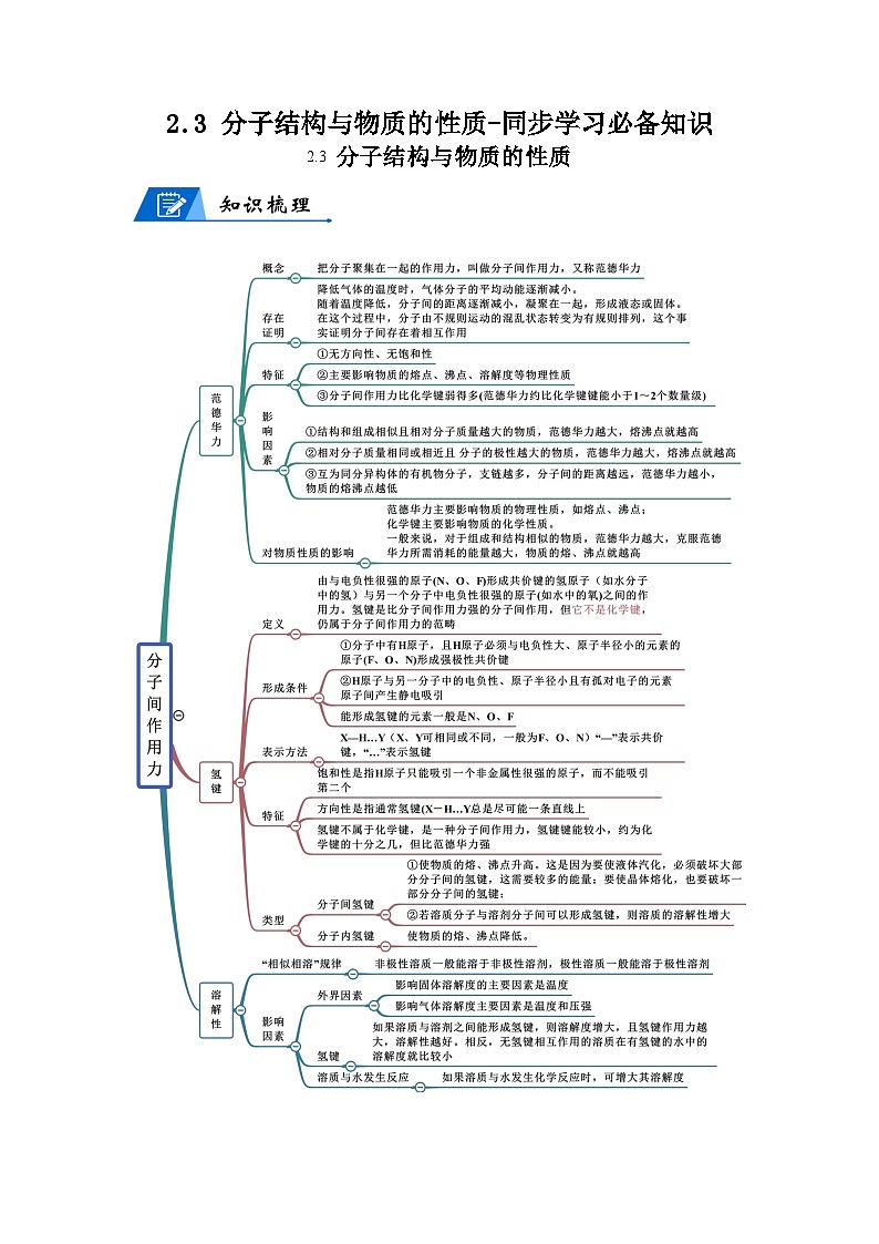 【思维导图】人教版高中化学选修二《2.3分子结构与物质的性质》同步学习思维导图+学练（学生版）第1页