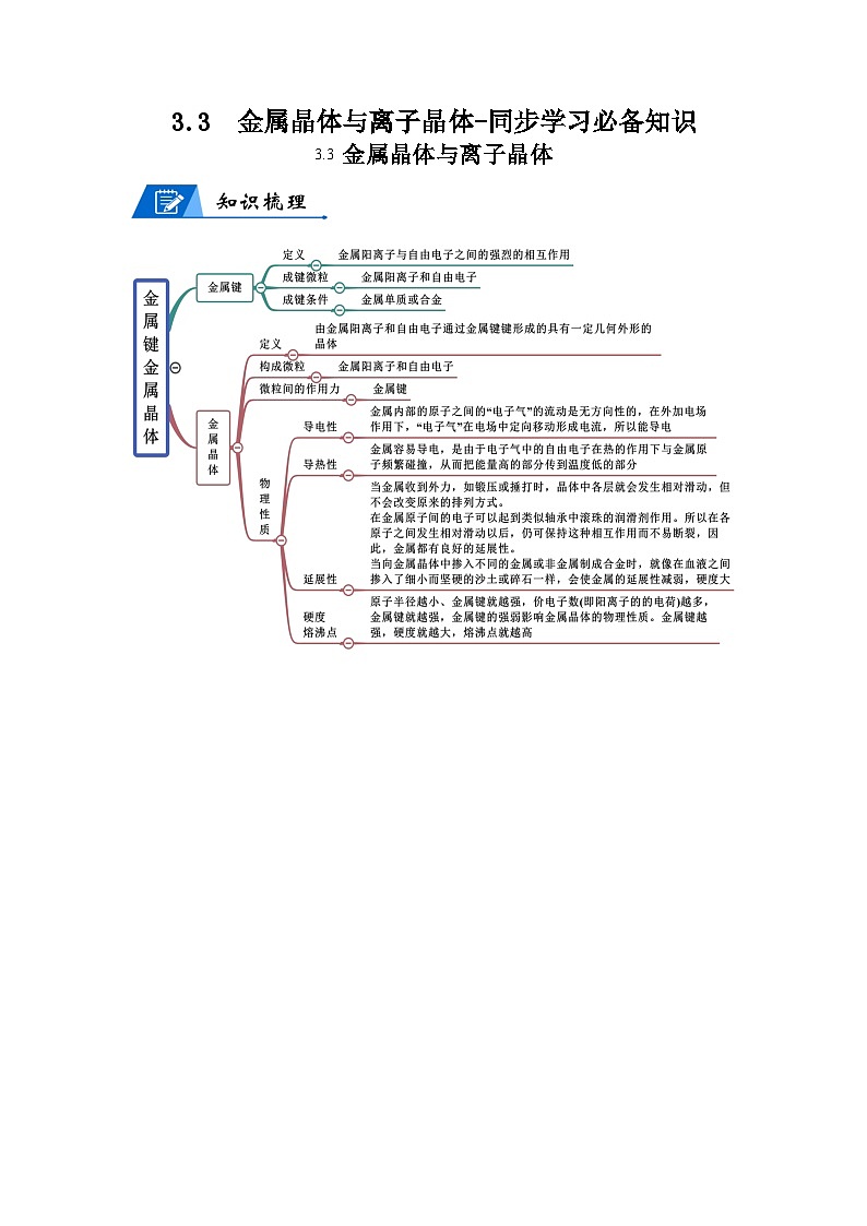 【思维导图】人教版高中化学选修二《3.3金属晶体与离子晶体》同步学习思维导图+学练（学生版）第1页