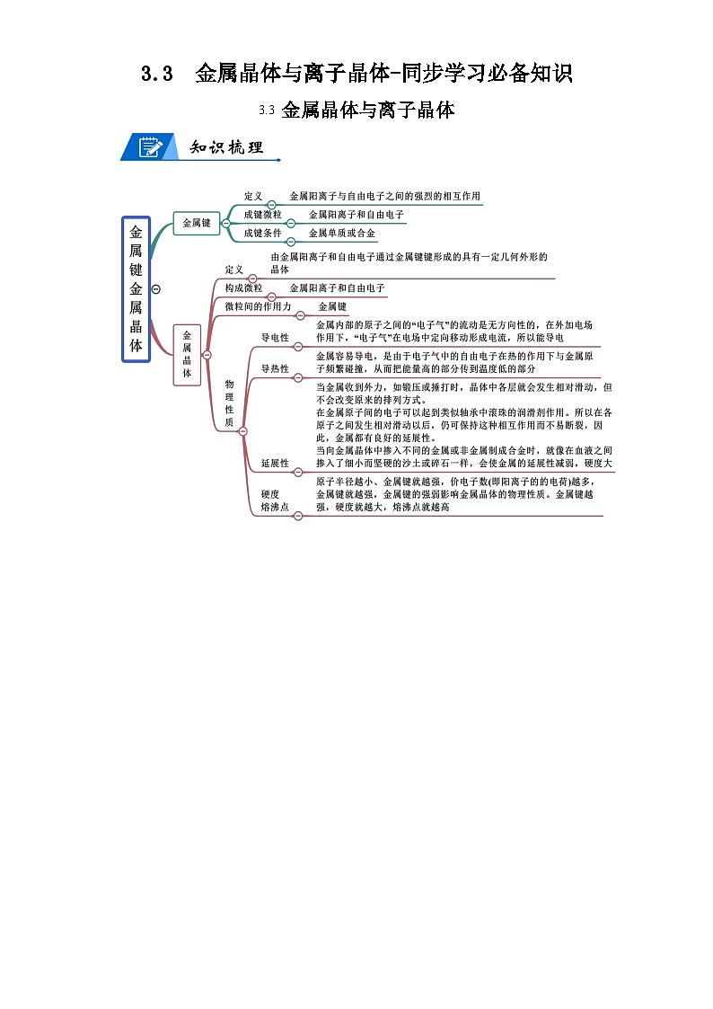 【思维导图】人教版高中化学选修二《3.3金属晶体与离子晶体》同步学习思维导图+学练（解析版）第1页