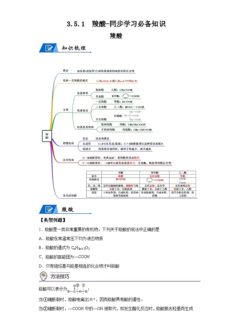【思维导图】人教版高中化学选修三《3.5.1羧酸》同步学习思维导图+学练01