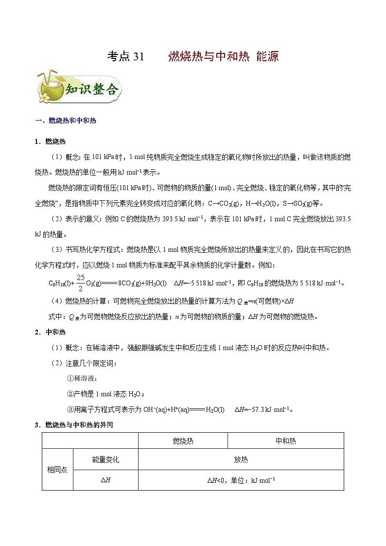 高考化学一轮复习考点过关练习考点31 燃烧热与中和热 能源(含解析)01
