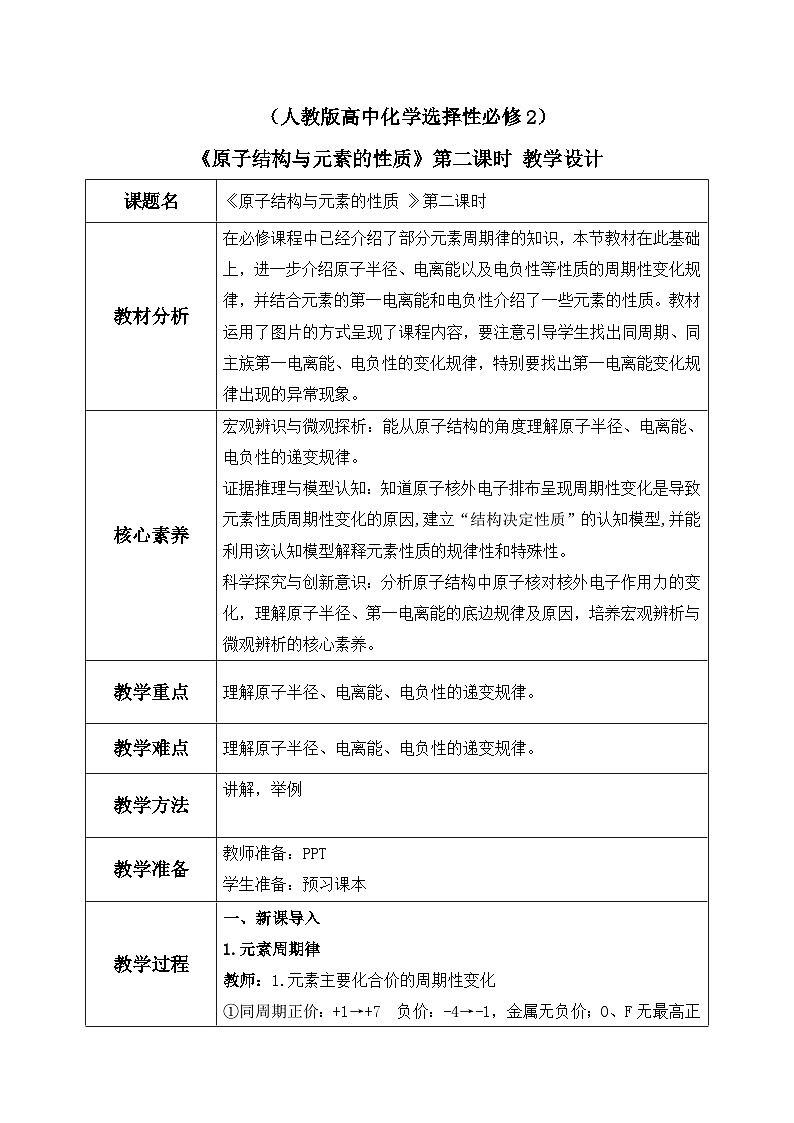 【核心素养】人教版高中化学选修二 《原子结构与元素的性质》第二课时 课件+教学设计（含教学反思）01
