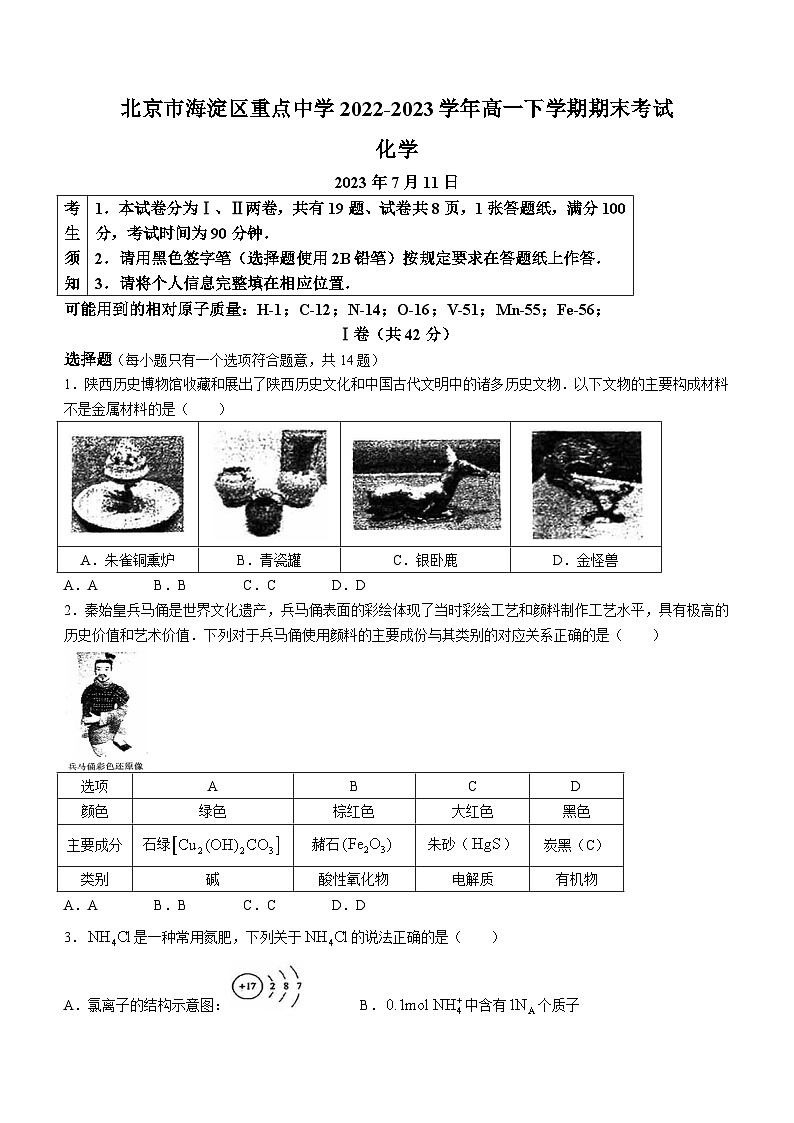 北京市海淀区重点中学2022-2023学年高一下学期期末考试化学试题（含答案）01