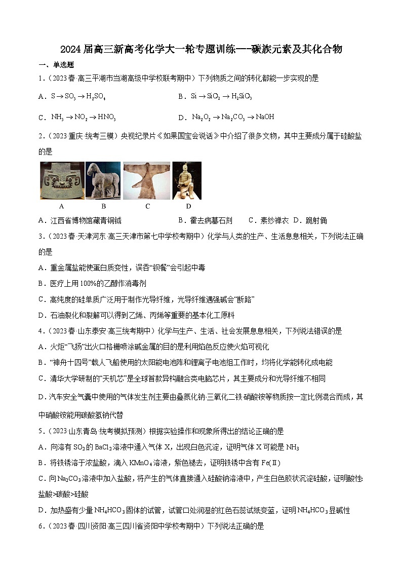 2024届高三新高考化学大一轮专题练习  碳族元素及其化合物01