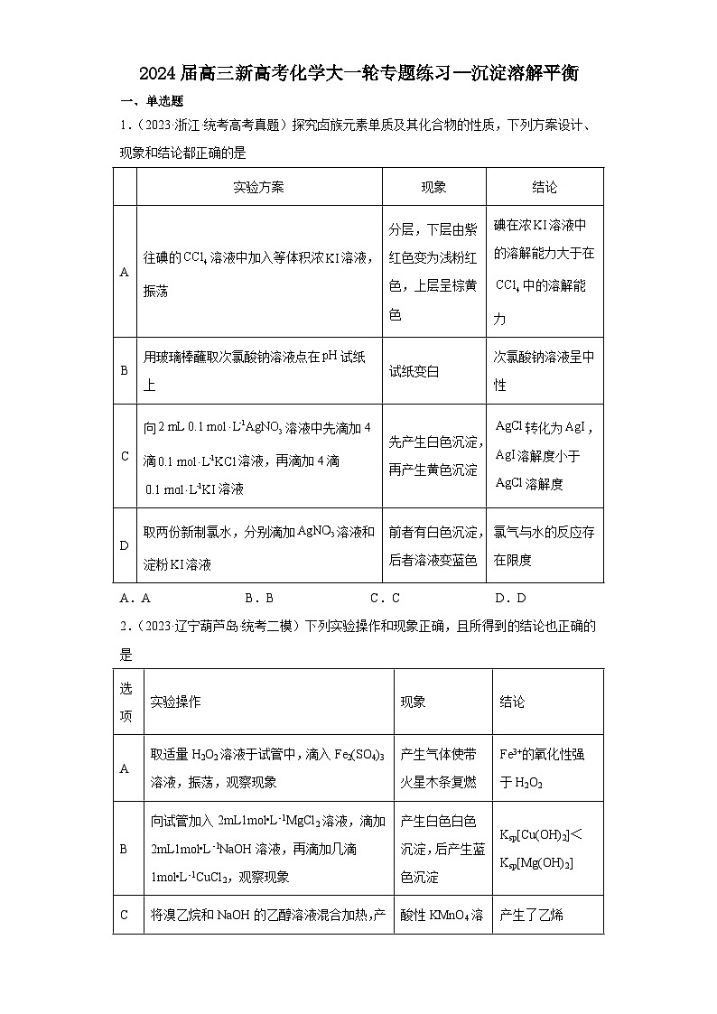 2024届高三新高考化学大一轮专题练习--沉淀溶解平衡第1页