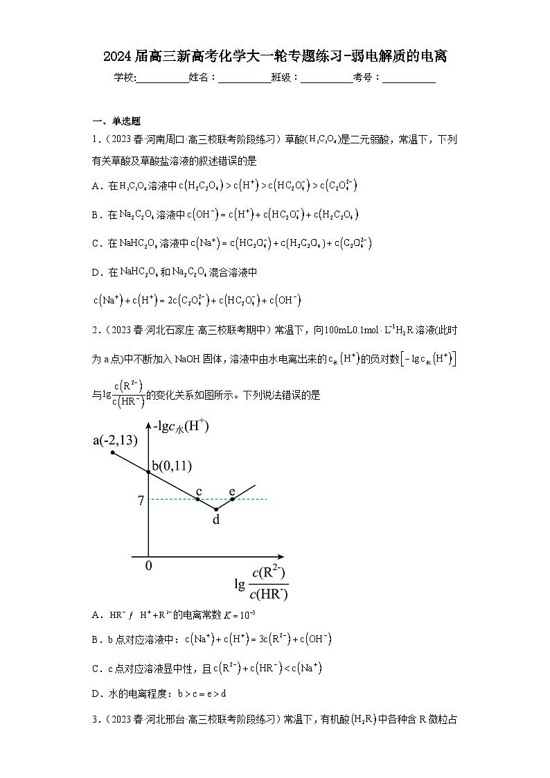 2024届高三新高考化学大一轮专题练习-弱电解质的电离第1页