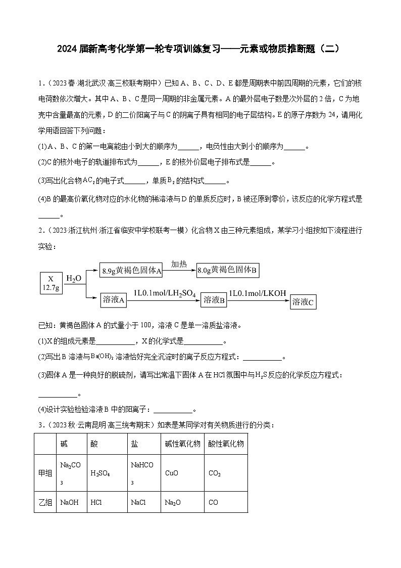 2024届新高考化学第一轮专项训练复习——元素或物质推断题（二）含解析第1页