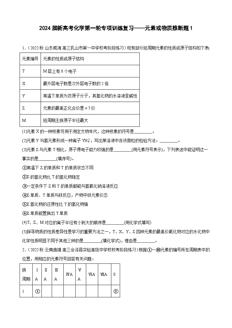 2024届新高考化学第一轮专项训练复习——元素或物质推断题1（含解析）第1页