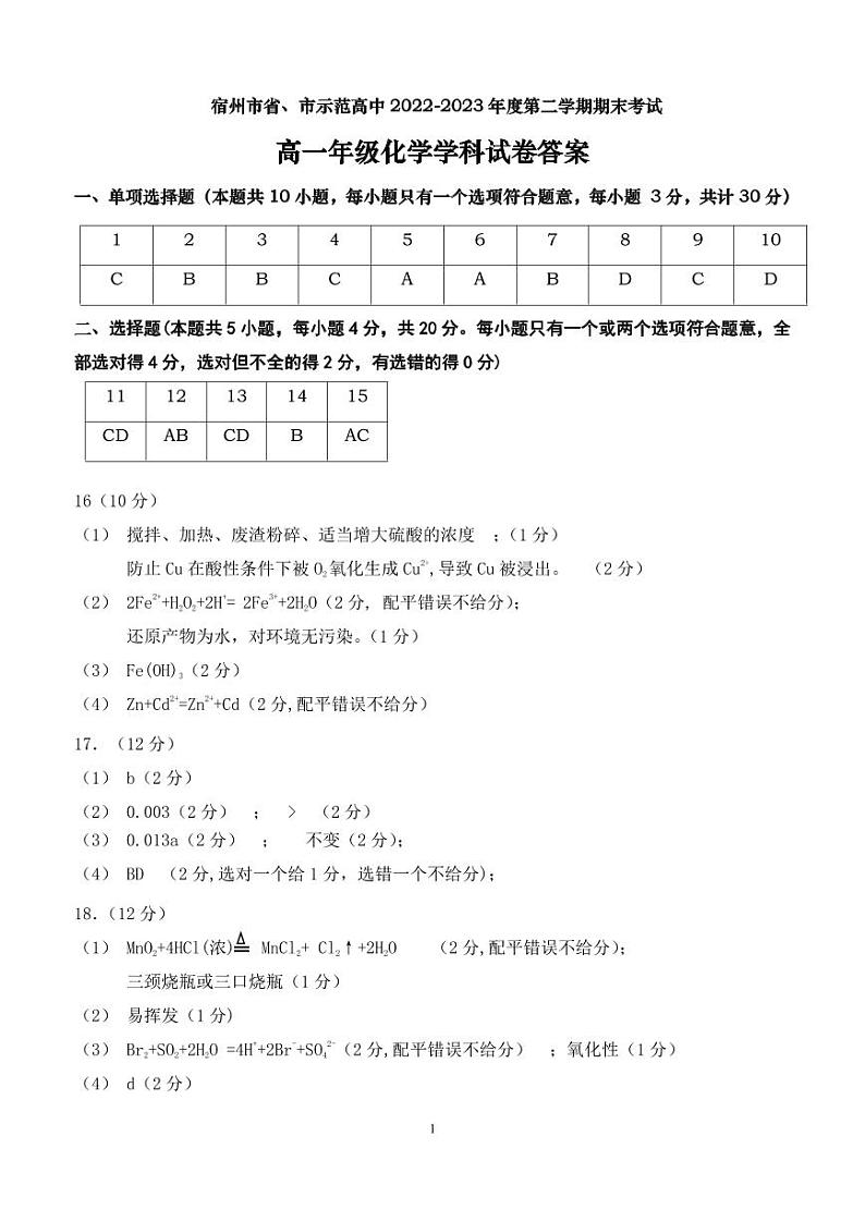 2023宿州省、示范高中高一下学期期末考试化学试题PDF版含答案01
