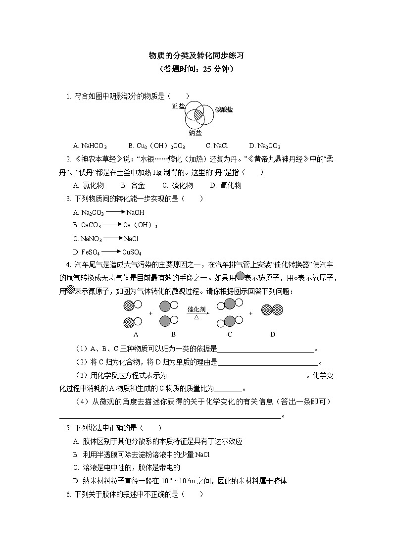必修1 第一章 第一节 物质的分类及转化同步练习第1页