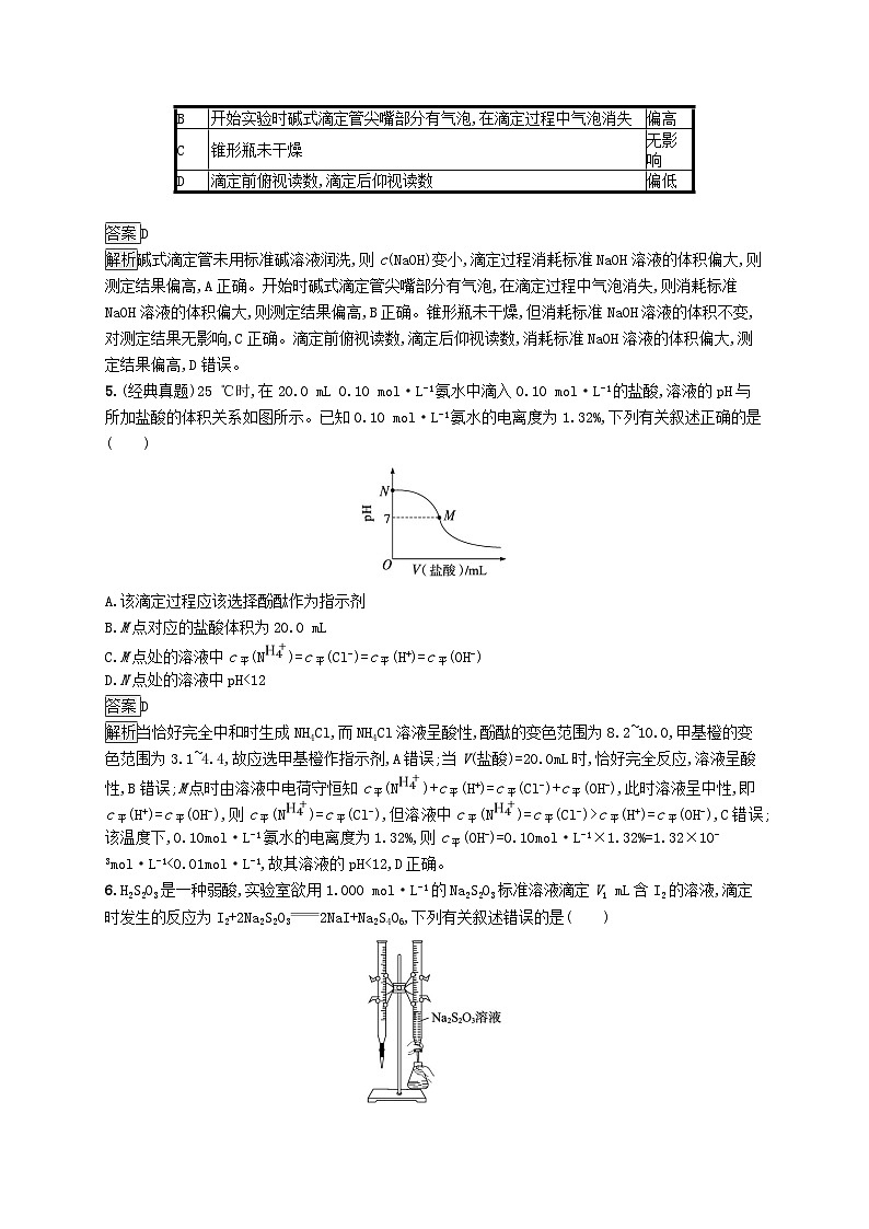 适用于新教材2024版高考化学一轮总复习第八章课时规范练39酸碱中和滴定及拓展应用鲁科版02