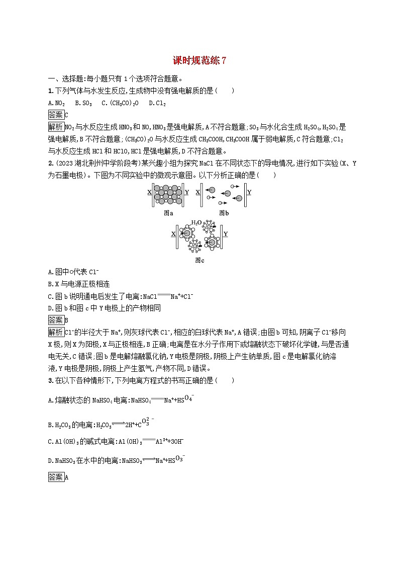 适用于新教材2024版高考化学一轮总复习第二章课时规范练7电解质的电离离子反应鲁科版01