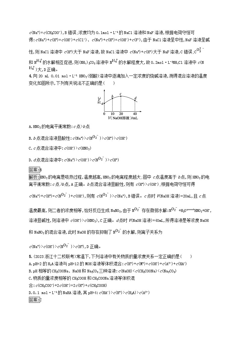 适用于新教材2024版高考化学一轮总复习第八章课时规范练42溶液中微粒浓度的关系及分析新人教版02
