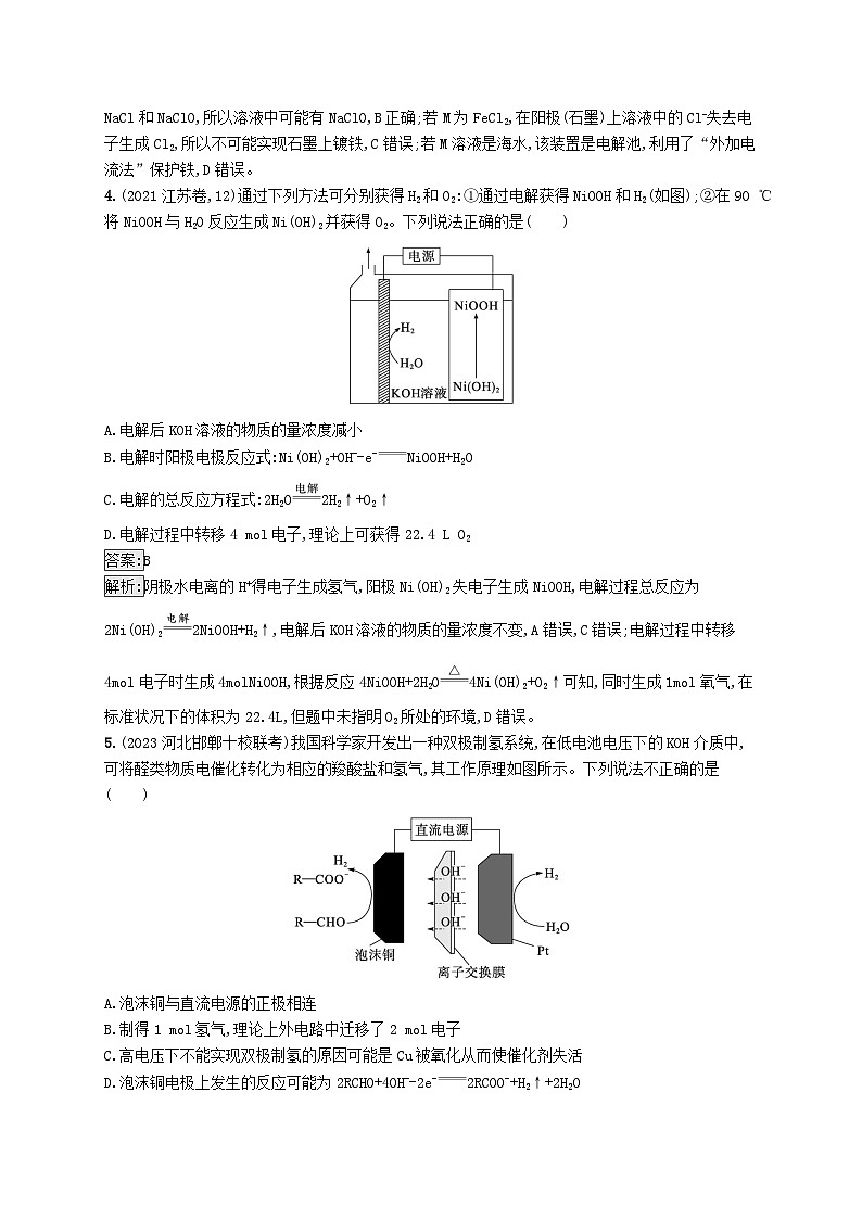 适用于新教材2024版高考化学一轮总复习第六章课时规范练32电解池金属的腐蚀与防护新人教版02