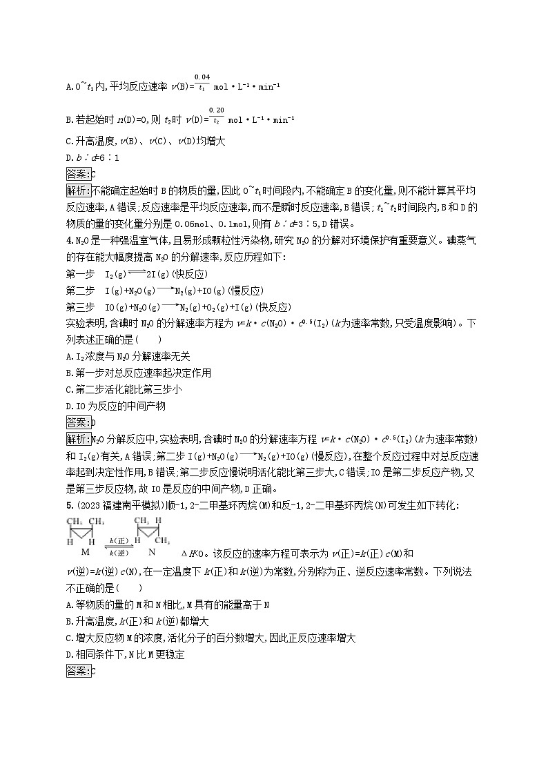 适用于新教材2024版高考化学一轮总复习第七章课时规范练34化学反应速率及影响因素新人教版02