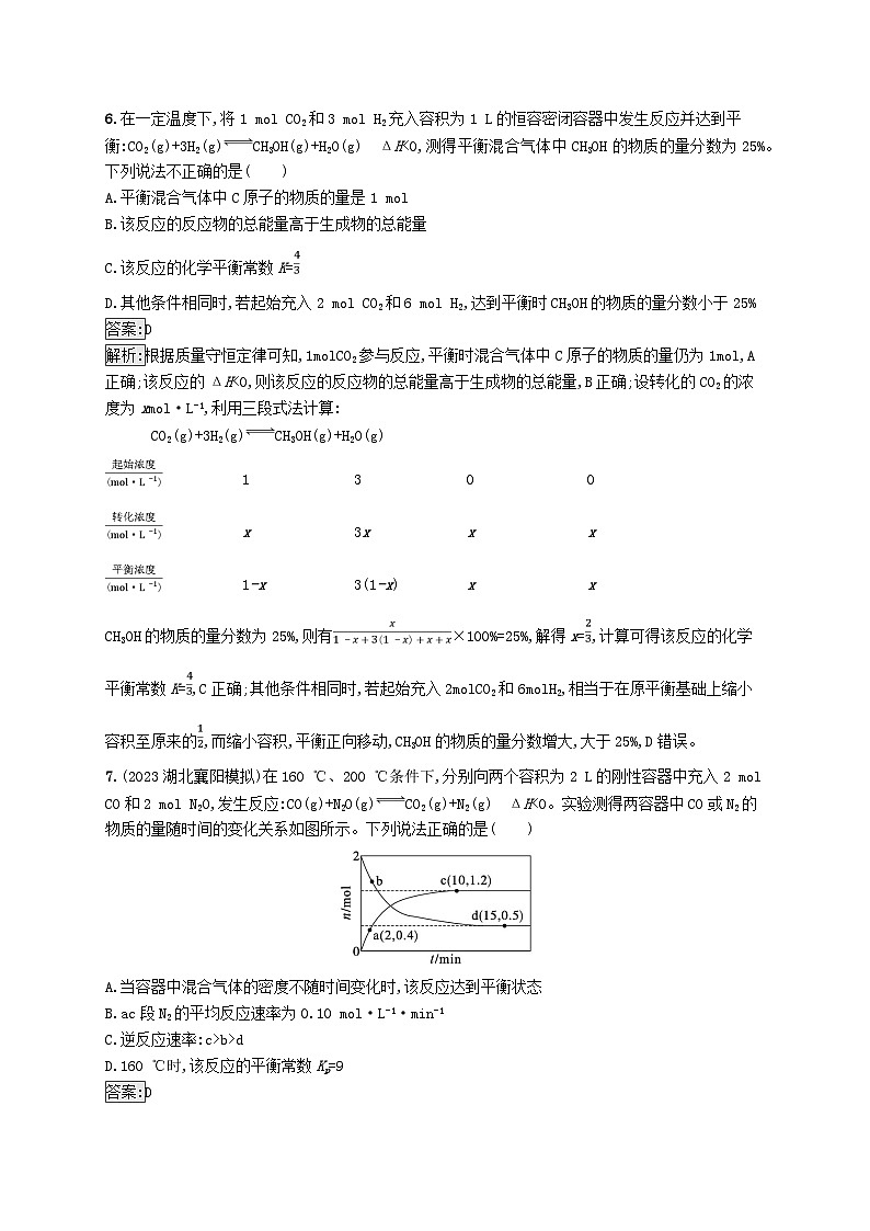 适用于新教材2024版高考化学一轮总复习第七章课时规范练36化学平衡常数及转化率的计算新人教版03