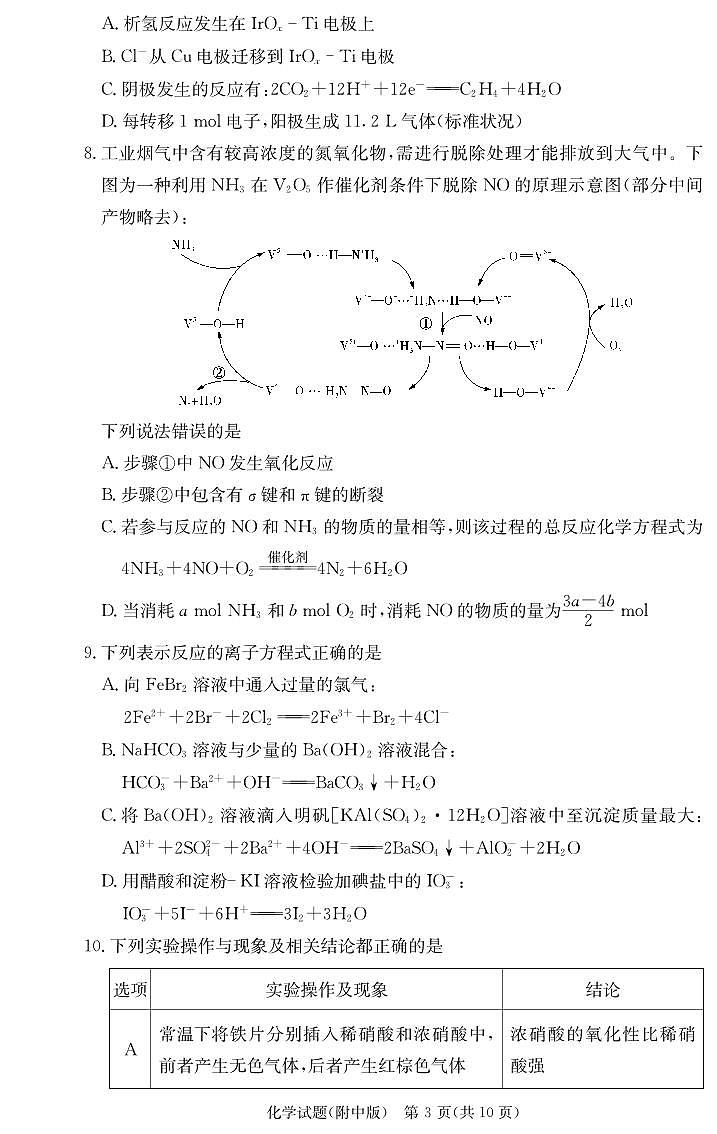 2024湖南师大附中高三摸底考试化学试题PDF版含解析03
