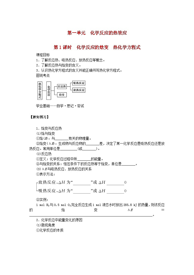 新教材2023版高中化学专题1化学反应与能量变化第一单元化学反应的热效应第1课时化学反应的焓变热化学方程式学案苏教版选择性必修1第1页