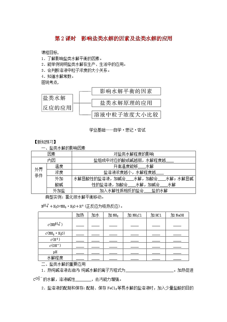 新教材2023版高中化学专题3水溶液中的离子反应第三单元盐类的水解第2课时影响盐类水解的因素及盐类水解的应用学案苏教版选择性必修101