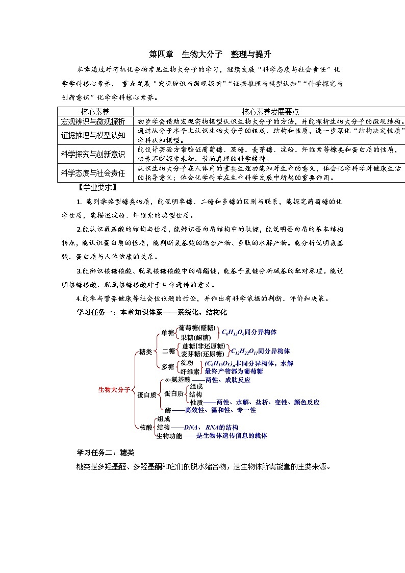 高二化学人教版（2019）选择性必修3 第四章 生物大分子 整理与提升 教案01