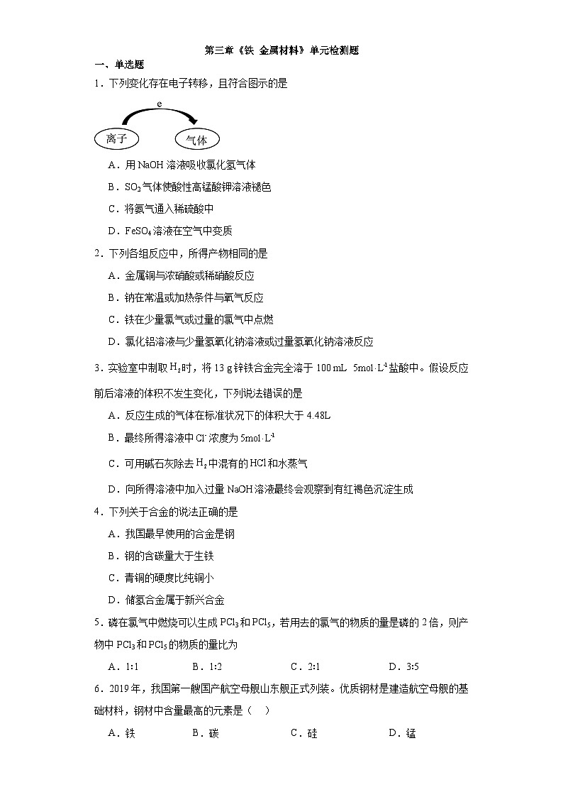 第三章 铁金属材料 单元检测题 2023-2024学年高一上学期化学人教版（2019）必修第一册第1页