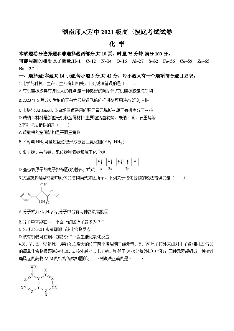 湖南师范大学附属中学2024届高三化学摸底考试试题（高二期末）（Word版附解析）第1页