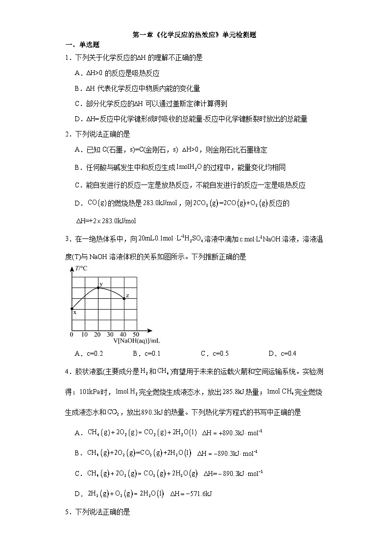 第一章 化学反应的热效应 单元检测题 2023-2024学年高二上学期化学人教版（2019）选择性必修1第1页