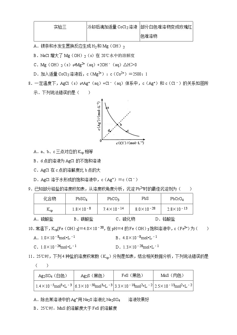 人教版高中化学选择性必修一3.4.1  《难溶电解质的沉淀溶解平衡》练习03