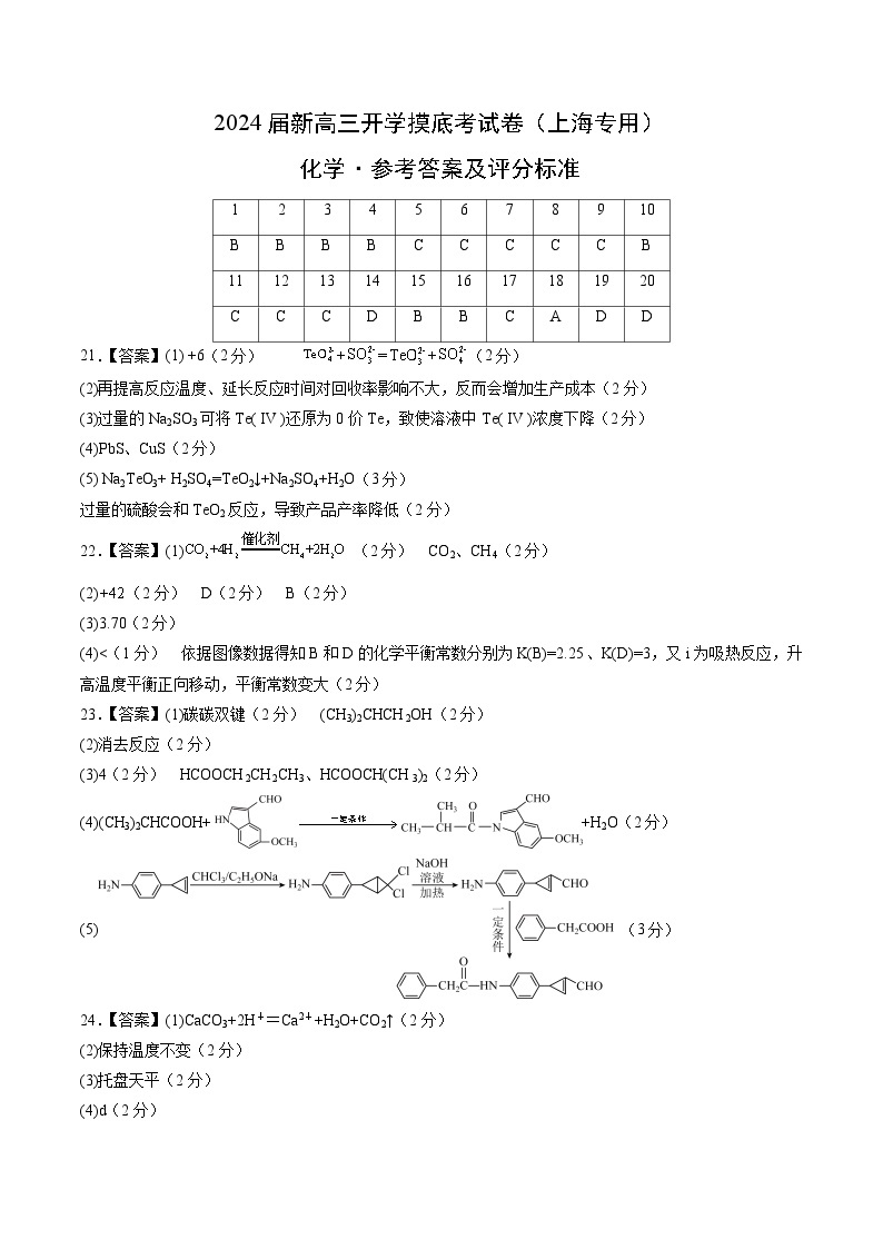【新高三摸底】2024届新高三-化学开学摸底考试卷（上海专用）01