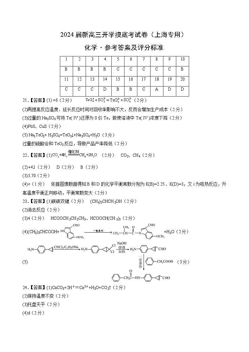 【新高三摸底】2024届新高三-化学开学摸底考试卷（上海专用）01