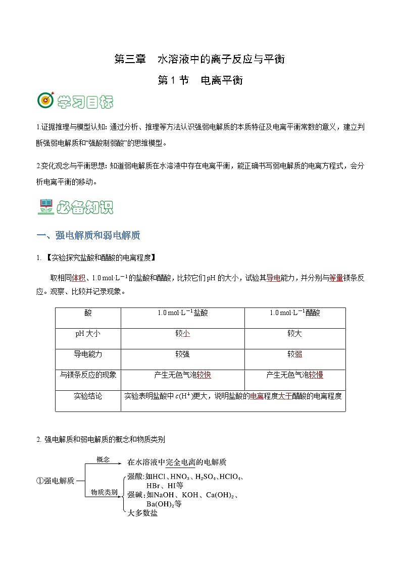 3.1 电离平衡-2023-2024学年高二化学同步精品讲义+习题（人教版2019选择性必修1）01