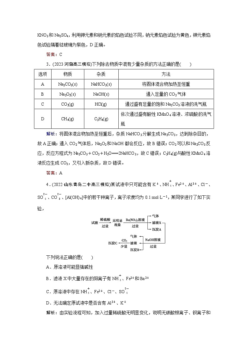 2024届鲁科版高考化学一轮复习第8章第2节物质的检验、分离和提纯作业含答案第2页