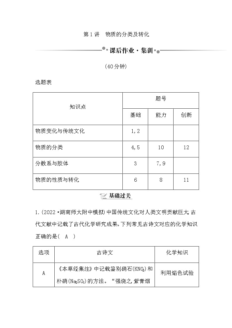 2024届人教版高考化学一轮复习第一章第1讲物质的分类及转化作业含答案第1页