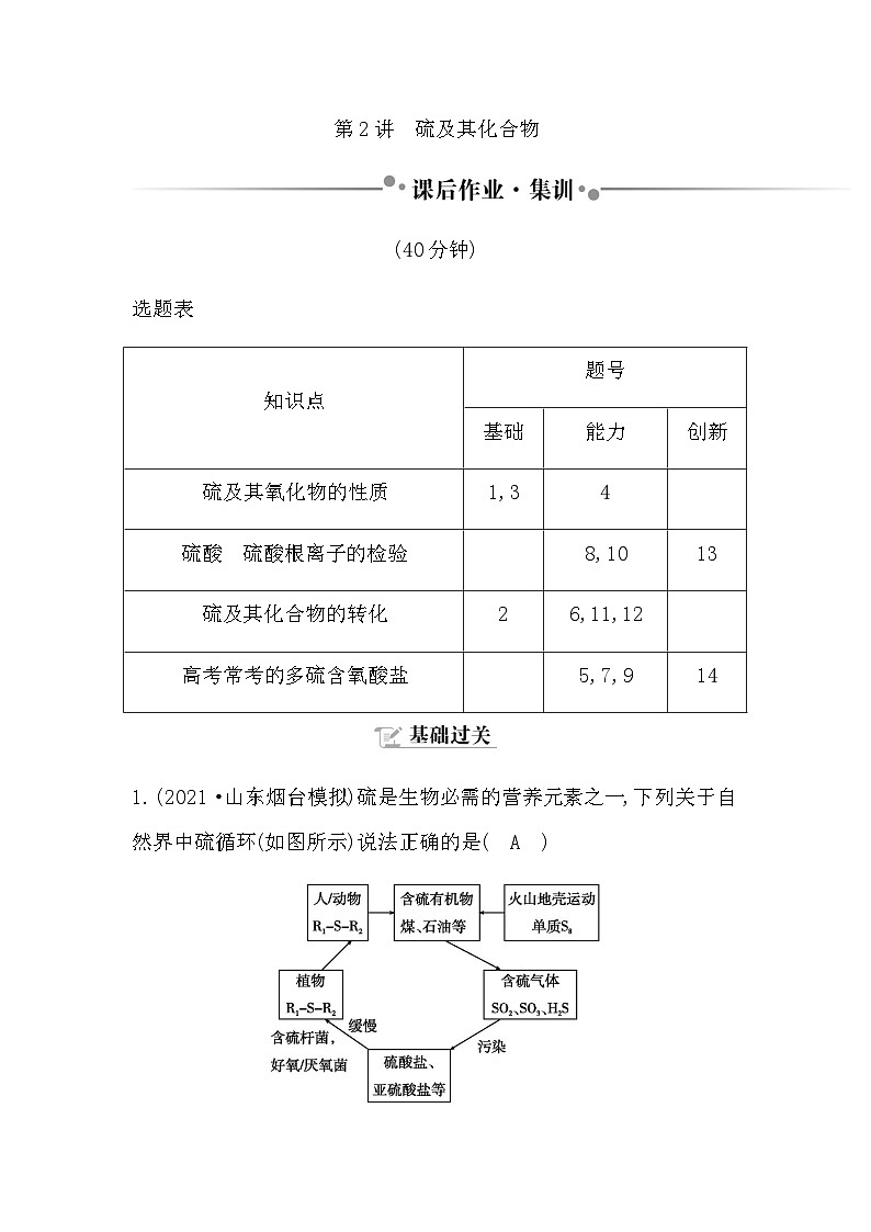 2024届人教版高考化学一轮复习第四章第2讲硫及其化合物作业含答案第1页
