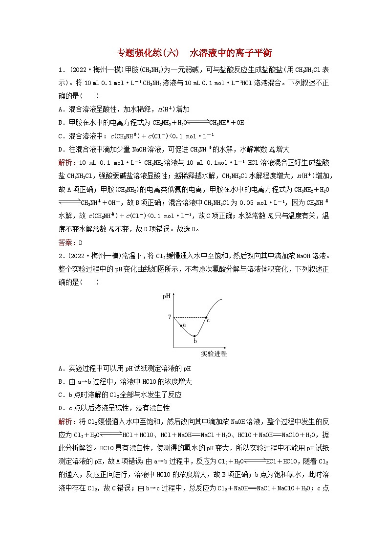 2023高考化学二轮专题复习与测试专题强化练六水溶液中的离子平衡第1页