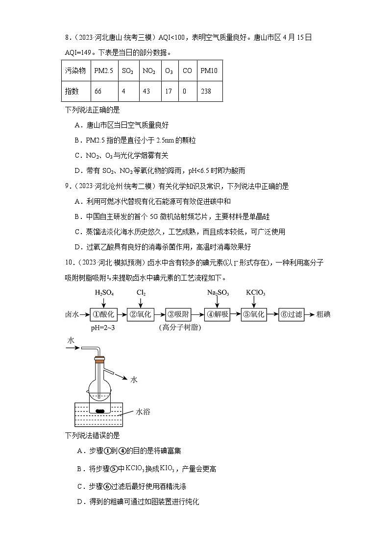 河北高考化学三年（2021-2023）模拟题汇编-33化学与STSE03