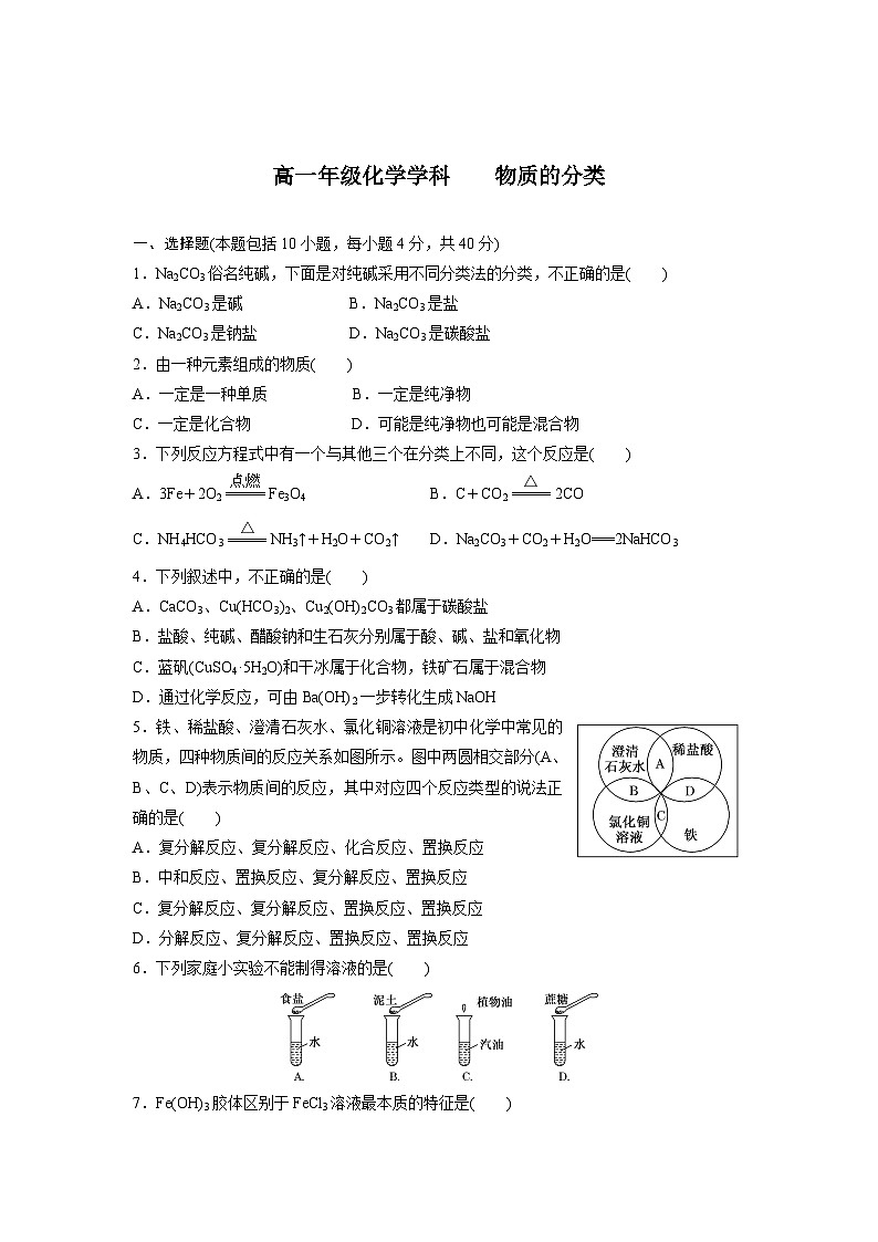 2022年高中化学人教版必修1课外拓展训练：8物质的分类（含答案）01