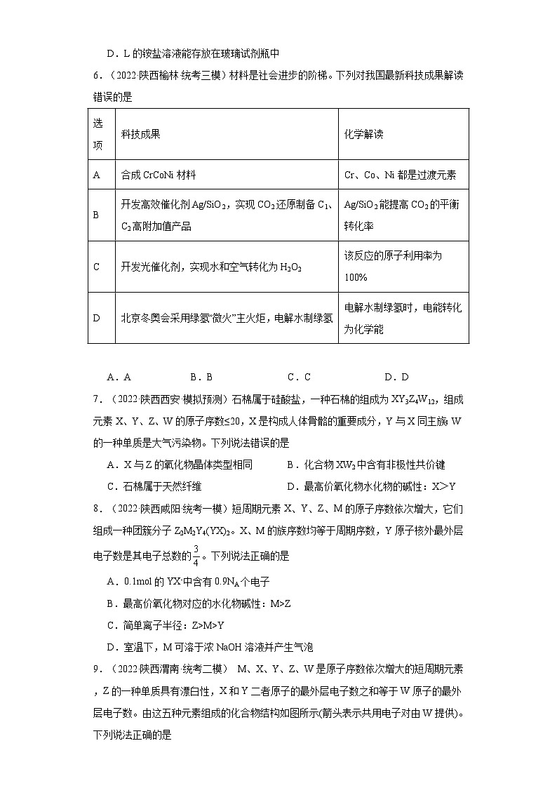 陕西高考化学三年（2021-2023）模拟题汇编-21元素周期表，元素周期律03