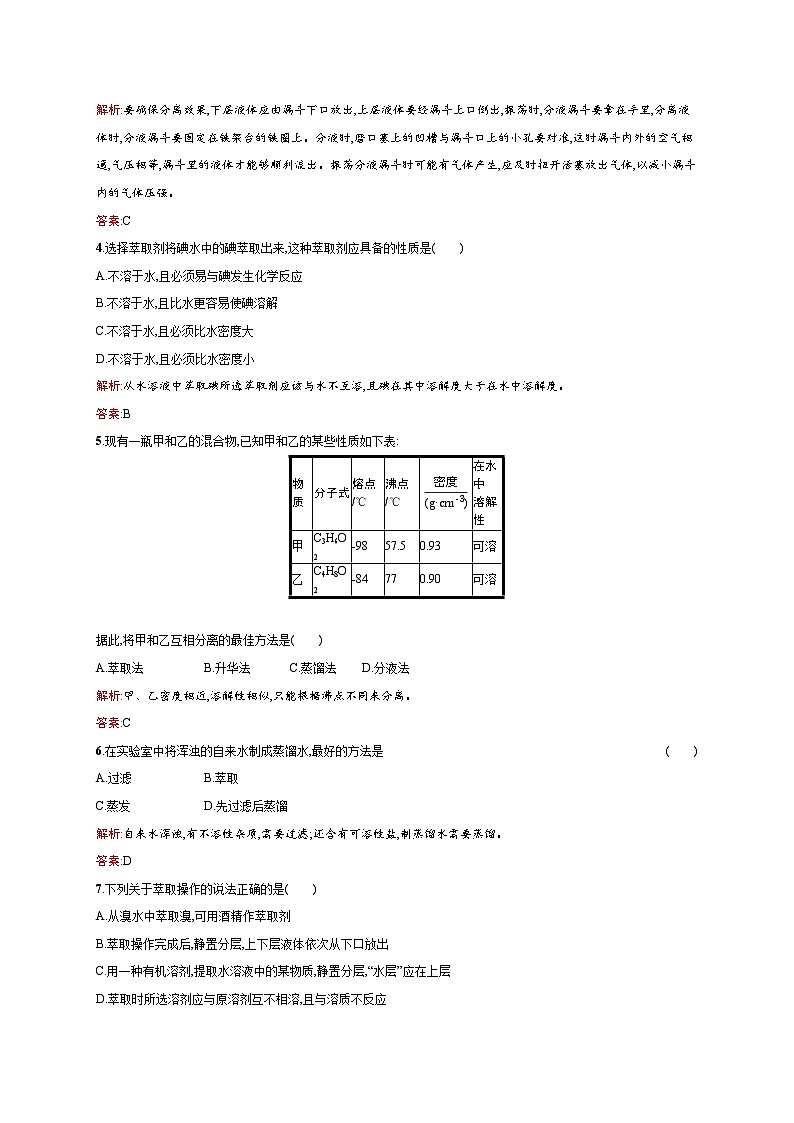 2022年高一化学人教版必修1暑假练习练（含答案）：3蒸馏和萃取第2页