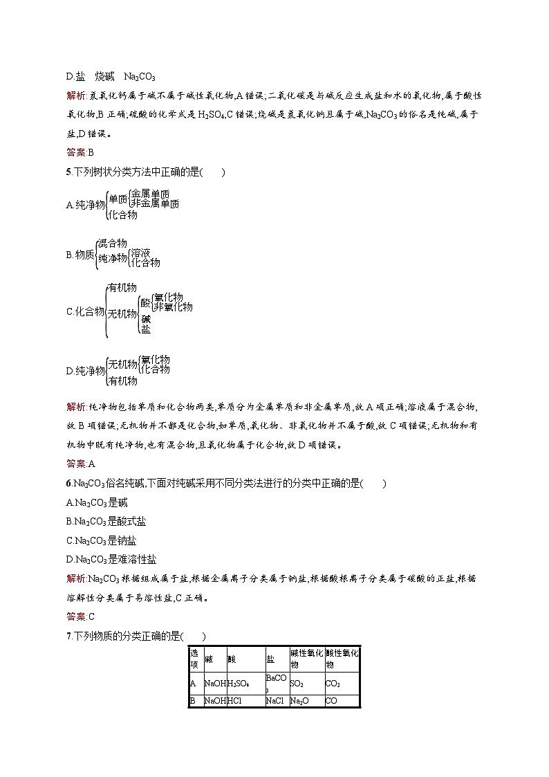 2022年高一化学人教版必修1暑假练习练（含答案）：7简单分类法及其应用02