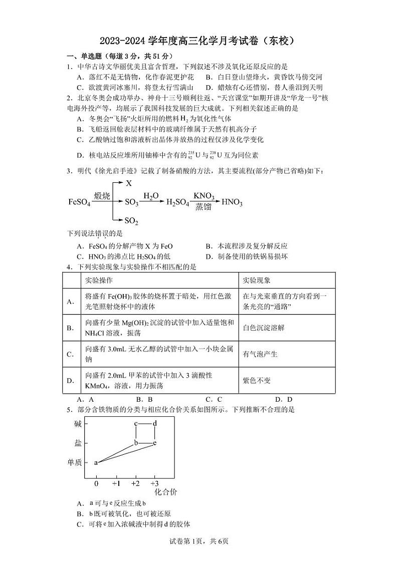 2024运城景胜中学高三上学期7月月考试题化学PDF版含答案01