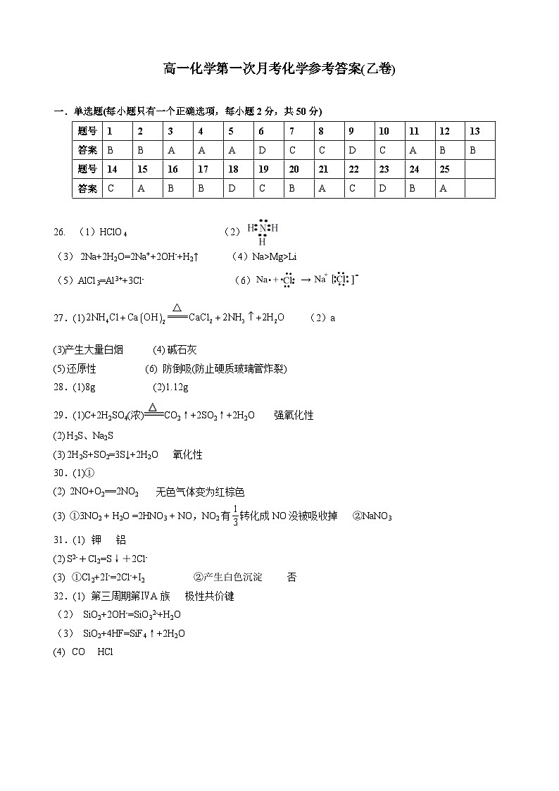 高一化学试卷参考答案（乙卷）第1页
