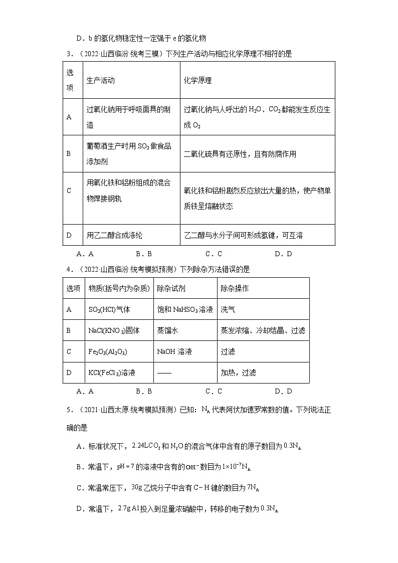 山西高考化学三年（2021-2023）模拟题汇编-07铝及其化合物02