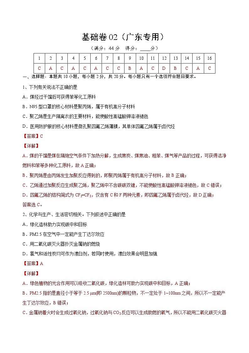 基础卷02-【新高考新题型】2022年高考化学选择题标准化练习20卷（广东专用）（解析版）第1页