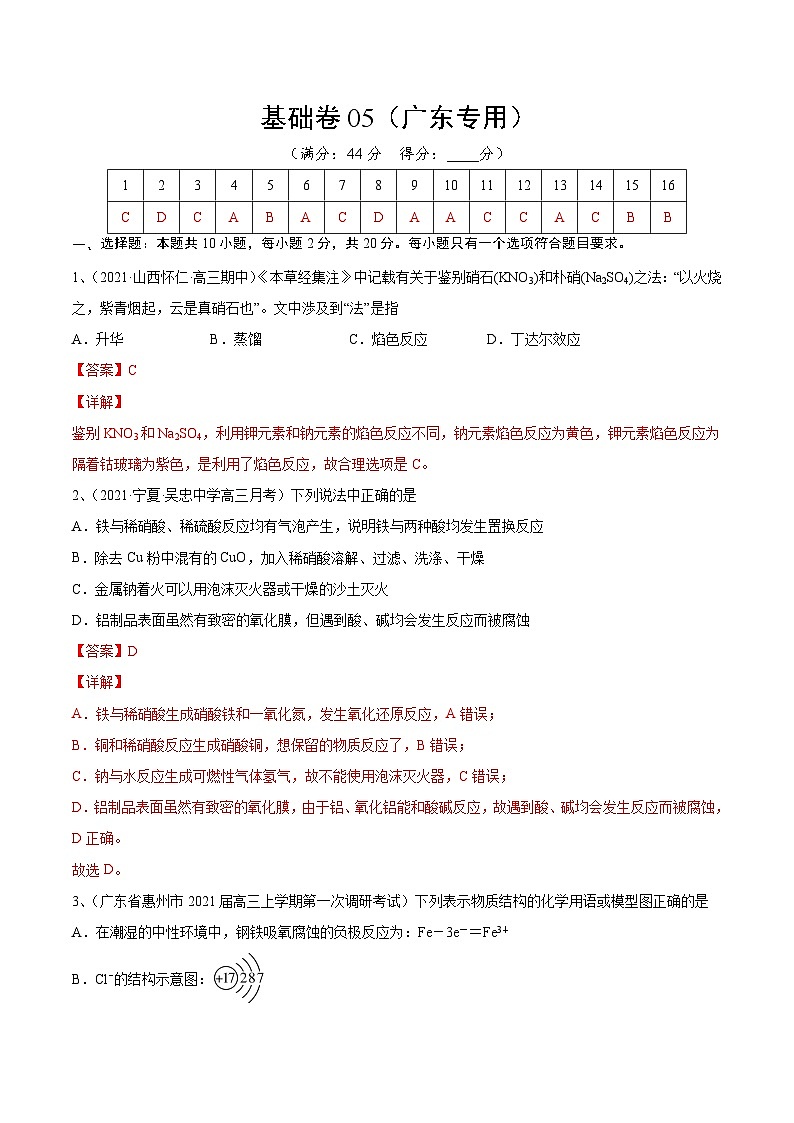 基础卷05-【新高考新题型】2022年高考化学选择题标准化练习20卷（广东专用）（解析版）第1页