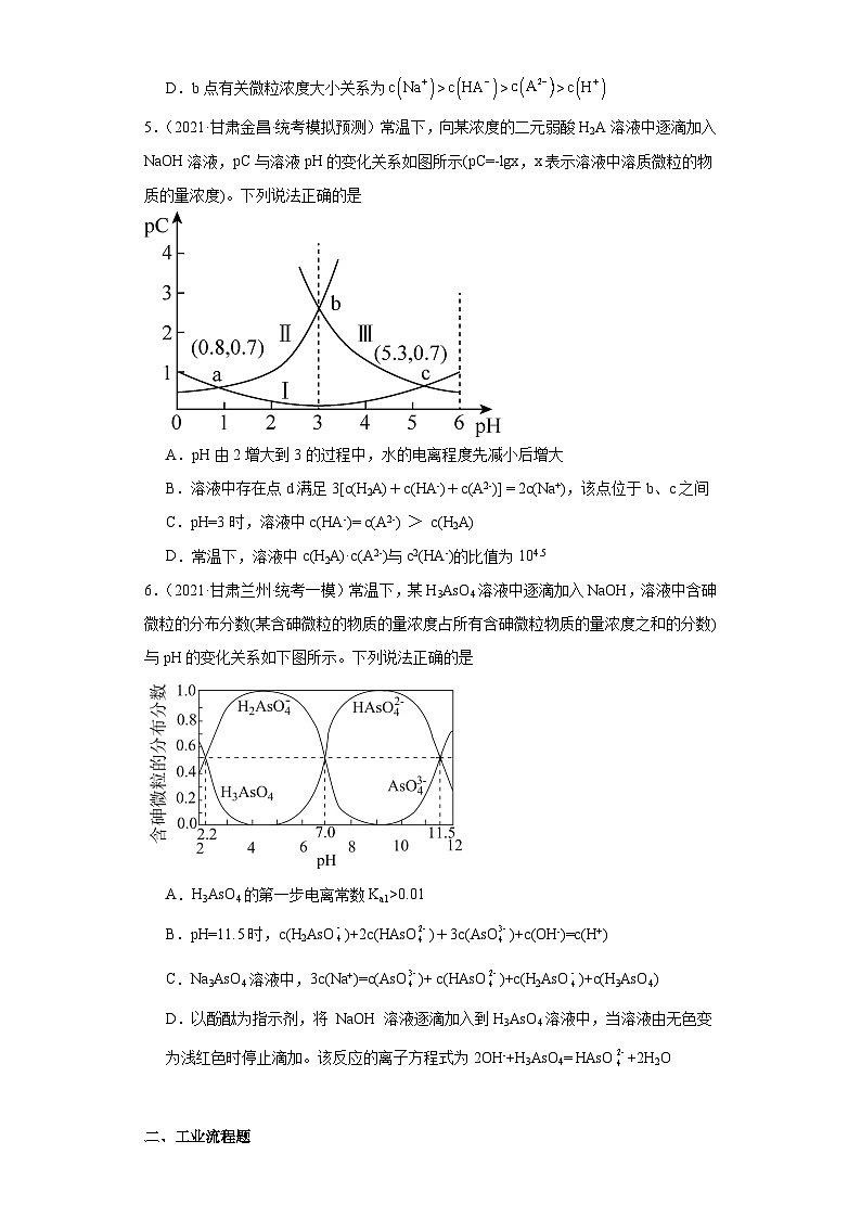 甘肃高考化学三年（2021-2023）模拟题汇编-05水溶液中的离子反应和平衡03