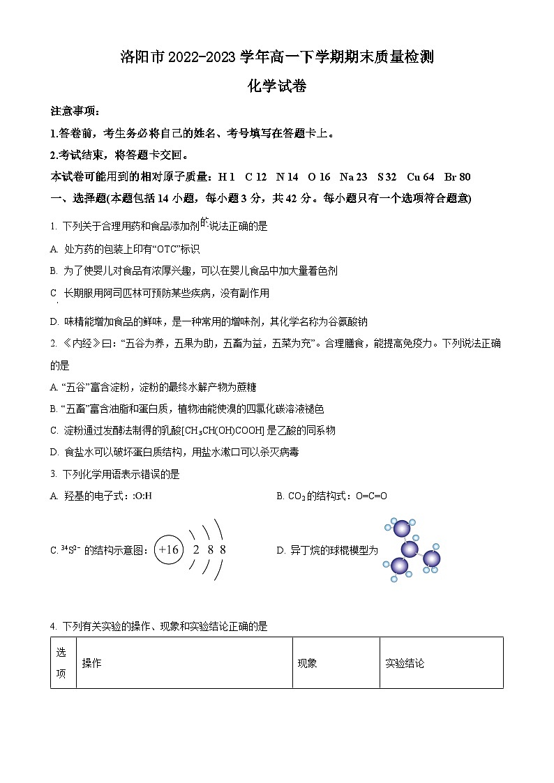 河南省洛阳市2022-2023学年高一下学期期末质量检测化学试卷（解析版）第1页